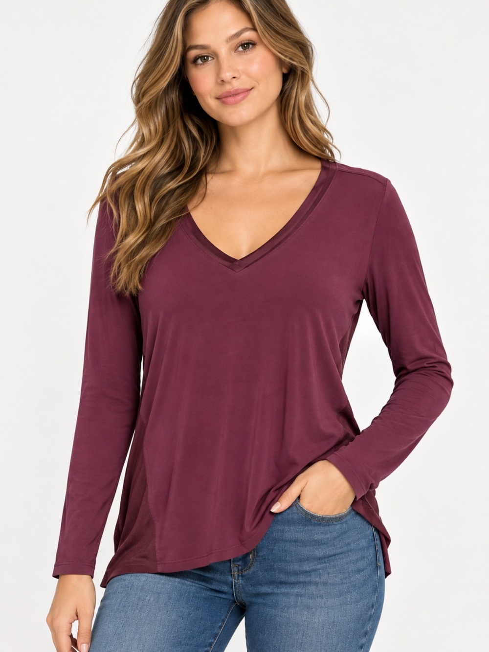 White House Black Market XL Burgundy Plum V-Neck Long Sleeve Top Rayon Stretch